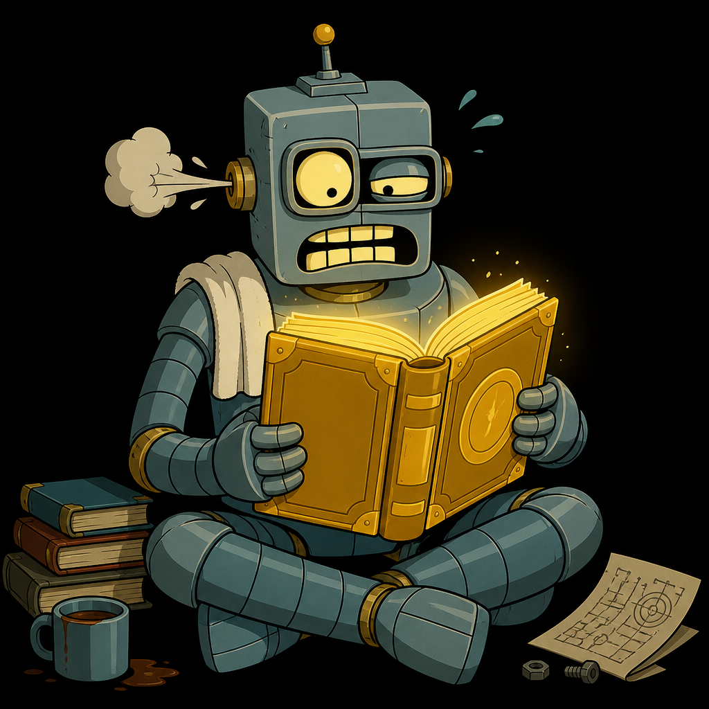 A robot reading a guidebook while mildly panicking